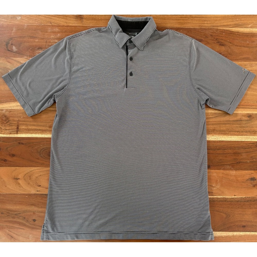 Greg Norman Play Dry Mens Medium Golf Polo Shirt Black White Striped Performance